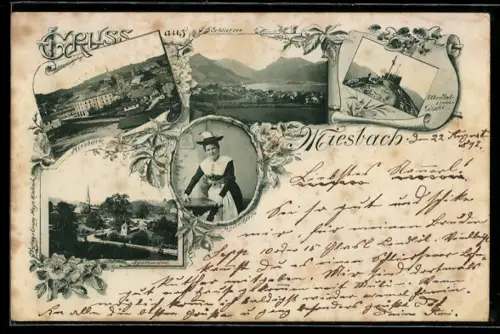 AK Miesbach, Gesamtansicht, Gipfelkreuz, Dame in Tracht