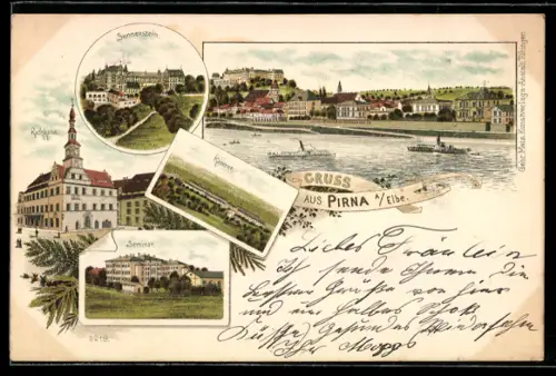 Lithographie Pirna a. Elbe, Ortsansicht, Sonnenstein, Rathaus, Seminar, Kaserne