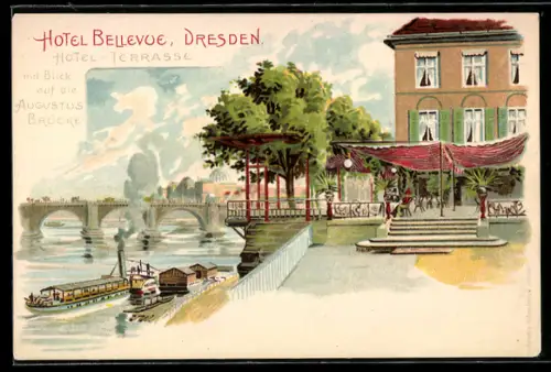 Lithographie Dresden, Hotel Bellevue, Hotel-Terrasse, Augustusbrücke