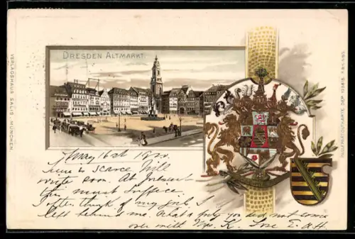 Passepartout-Lithographie Dresden, Altmarkt, Ortsansicht, Wappen