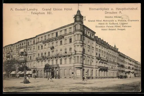 AK Dresden, Bismarckplatz und Hauptbahnhof, Grand Union Hotel