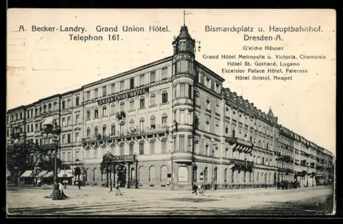 AK Dresden, Grand Union Hotel am Bismarckplatz und Hauptbahnhof