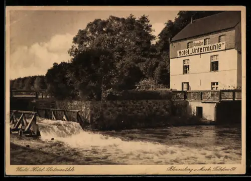AK Rheinsberg i. Mark, Wald-Hotel-Pension Untermühle, Fluss, Wehr