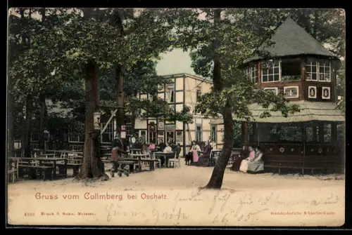 AK Oschatz, Gasthaus Collmberg mit Biergarten und Pavillon
