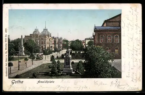 Goldfenster-AK Gotha, Arnoldiplatz mit Denkmälern u. Strassenbahn