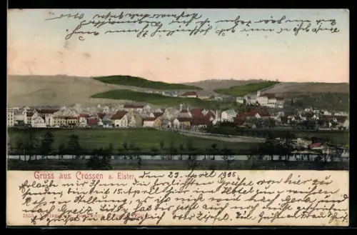 AK Crossen a. Elster, Panoramaansicht des Ortes mit Fluss und umliegender Landschaft
