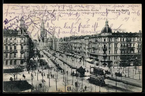 AK Berlin-Charlottenburg, Tauentzienstrasse, Kaiser Wilhelm-Gedächtnis-Kirche, Strassenbahnen