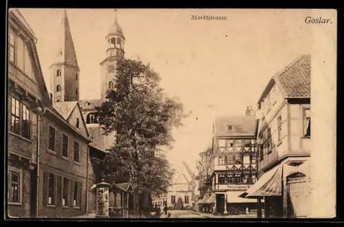 AK Goslar, Marktstrasse, Fachwerkhäuser, Kirche, Litfasssäule