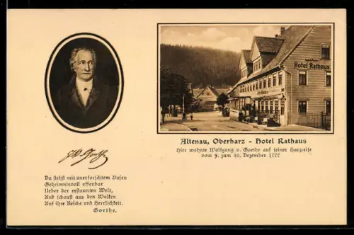 AK Altenau /Oberharz, Hotel Rathaus, Aufenthalt von Goethe 1777, Portrait