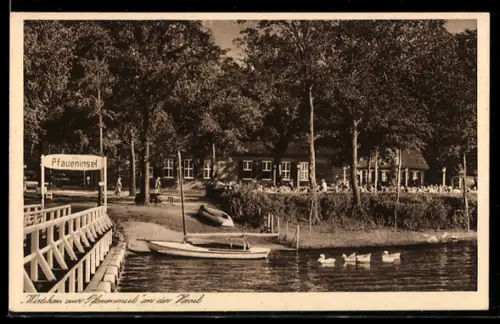 AK Berlin-Wannsee, Wirtshaus zur Pfaueninsel, Inh. Gustav Prinz, Steg, Boote, Havel