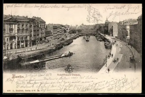 AK Berlin, Schiffbauer-Damm, Flussansicht mit Booten