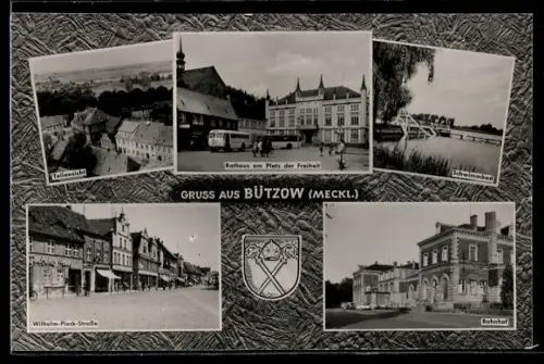 AK Bützow /Meckl., Rathaus am Platz der Freiheit, Schwimmbad, Bahnhof, Wilhelm-Pieck-Strasse