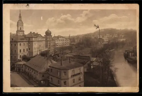 AK Greiz, Ortsansicht mit Kirche und Mur