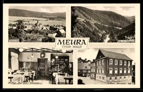 AK Meura /Thür. Wald, Teilansicht, Blick ins Schlagetal, Gasthaus Meurastein