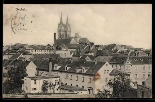 AK Oschatz, Stadtansicht mit Kirche