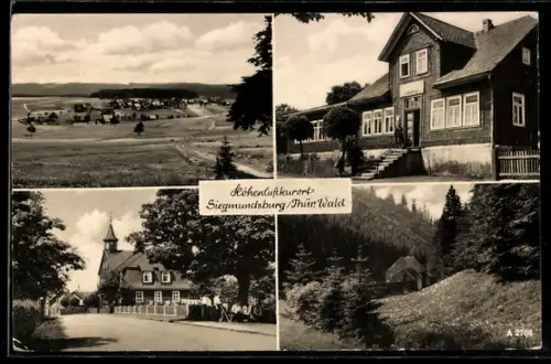 AK Siegmundsburg /Thür. Wald, Gasthaus Hiftenberg Inh. F. Siegel, Ortsansicht, Strassenpartie m. Kirche