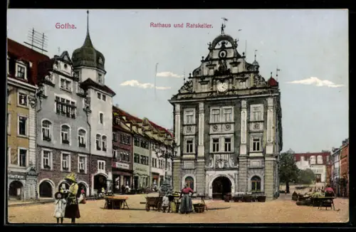 AK Gotha, Rathaus und Ratskeller, Marktstände