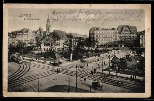 AK Leipzig, Fleischerplatz mit Strassenbahn aus der Vogelschau, Pavillon