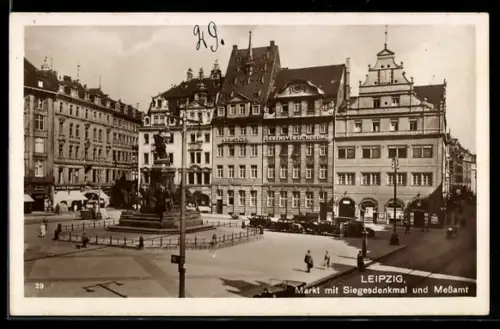 AK Leipzig, Markt mit Siegesdenkmal und Messamt