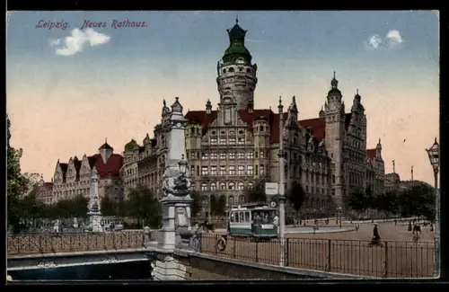 AK Leipzig, Neues Rathaus, Strassenbahn