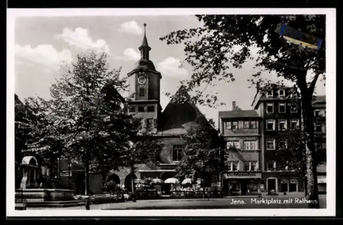 AK Jena, Marktplatz mit Rathaus, Brunnen, Gaststätte, Verkehrsverein