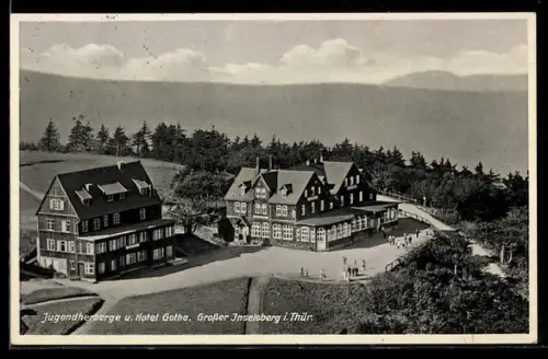 AK Grosser Inselsberg i. Thür., Jugendherberge u. Hotel Gotha aus der Vogelschau