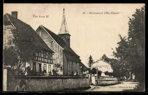 AK Hagenbach /Hte-Alsace, Dorfstrasse mit Kirche und Fachwerkhaus