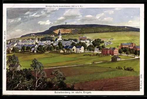 Künstler-AK Scheibenberg im sächs. Erzgeb., Ortsansicht, Kirche, Königl.-Carola-Aussichtsturm