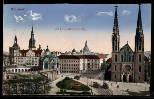 AK Dresden, Blick von Weber`s Hotel, Kirche, Strassenbahn