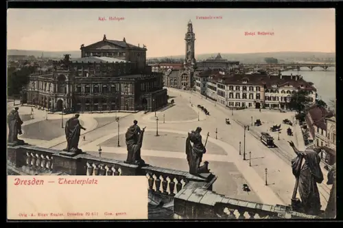 AK Dresden, Theaterplatz, Kgl. Hofoper, Fernheizwerk, Hotel Bellevue