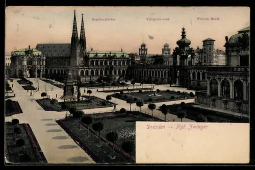 AK Dresden, Kgl. Zwinger, Sophienkirche, Telefon-Amt, Western Hotel