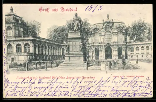 AK Dresden, Zwingerhof mit Denkmal Friedrich August des Gerechten