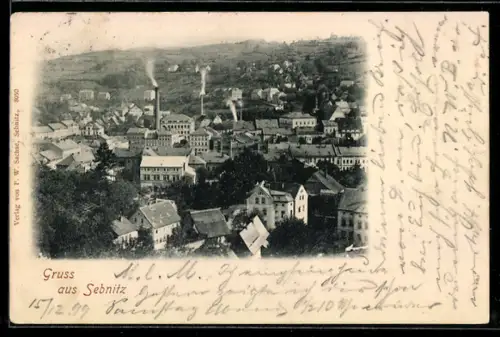 AK Sebnitz, Stadtansicht mit Fabrikschornsteinen