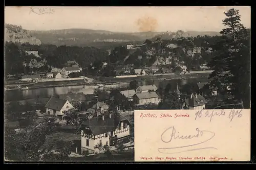 AK Rathen /Sächs. Schweiz, Ortsansicht mit Elbe und umliegenden Gebäuden