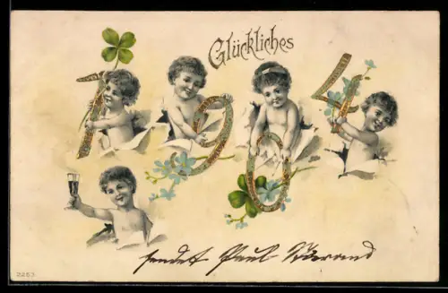 AK Kleinkinder mit Neujahrsgruss und Kleeblättern