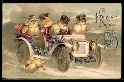 Präge-AK Osterküken in einem Automobil auf einer Landstrasse