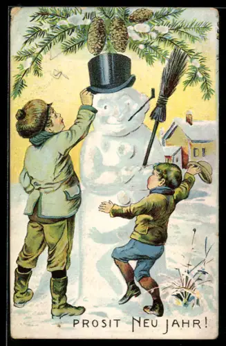 Präge-AK Prosit Neu Jahr! Kinder tanzen an einem Schneemann unterm Tannenzweig