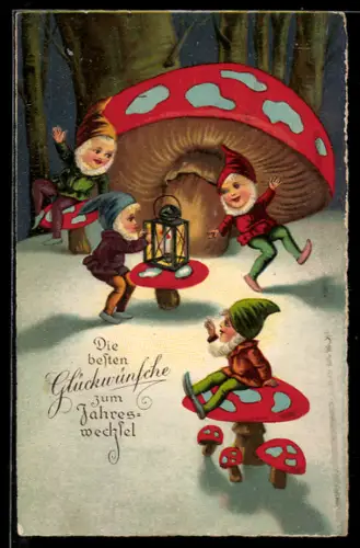 Künstler-AK Tanzende Zwerge mit einer Laterne an einem riesigen Pilz, Neujahrsgruss