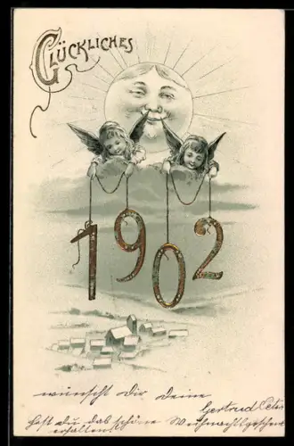 AK Neujahrsgrüsse, Neujahrsengel vor einem lächelnden Mond