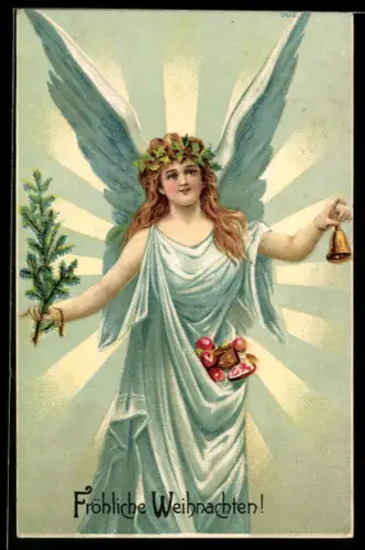 Lithographie Weihnachtsgruss, Weihnachtsengel mit Glöckchen