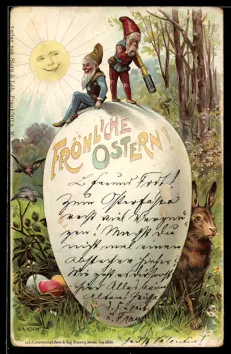 AK Zwerge stehen auf einem riesigen Osterei neben einem Osterhasen