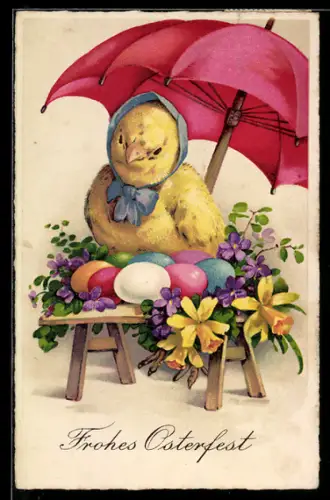 AK Osterküken mit Regenschirm sitzt auf Eiern