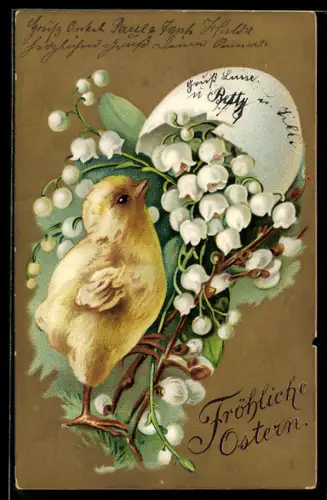 AK Osterküken bei einem aufgebrochenen Osterei