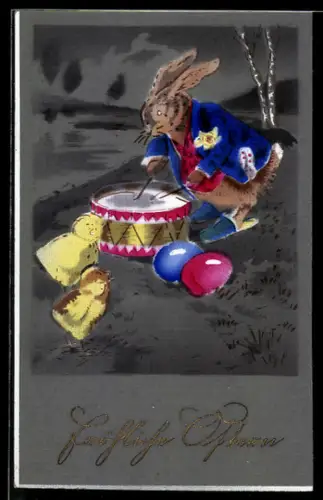 AK Osterhase spielt vor Osterküken auf einer Trommel