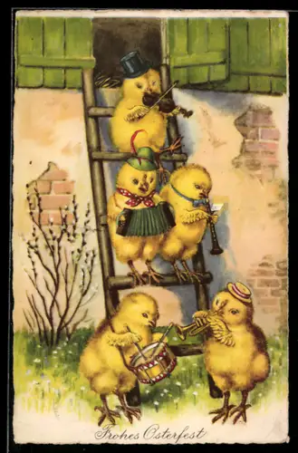 AK Osterküken mit Instrumenten stehen auf einer Leiter