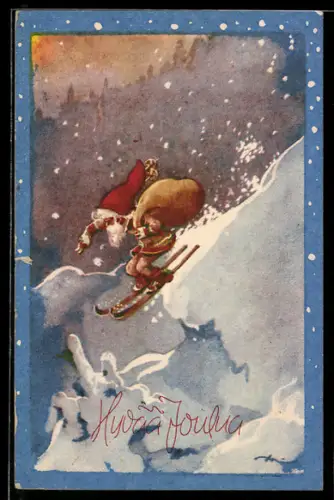 AK Weihnachtsmann fährt auf Skiern einen Berg herab