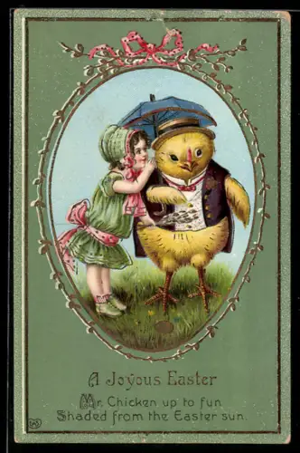 AK Mädchen flüstert einem Osterküken etwas zu