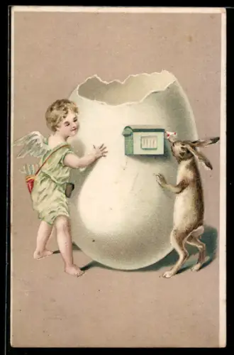Lithographie Osterhase mit Amor am Briefkasten