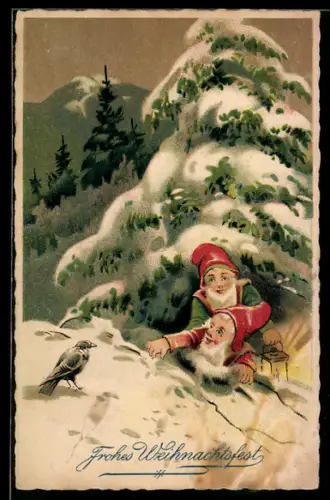 AK Zwei Zwerge in einem verschneiten Wald, Weihnachtsgruss