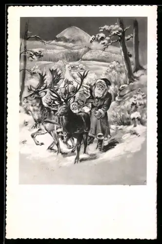 AK Weihnachtsmann mit seinem Schlitten in einer verschneiten Landschaft